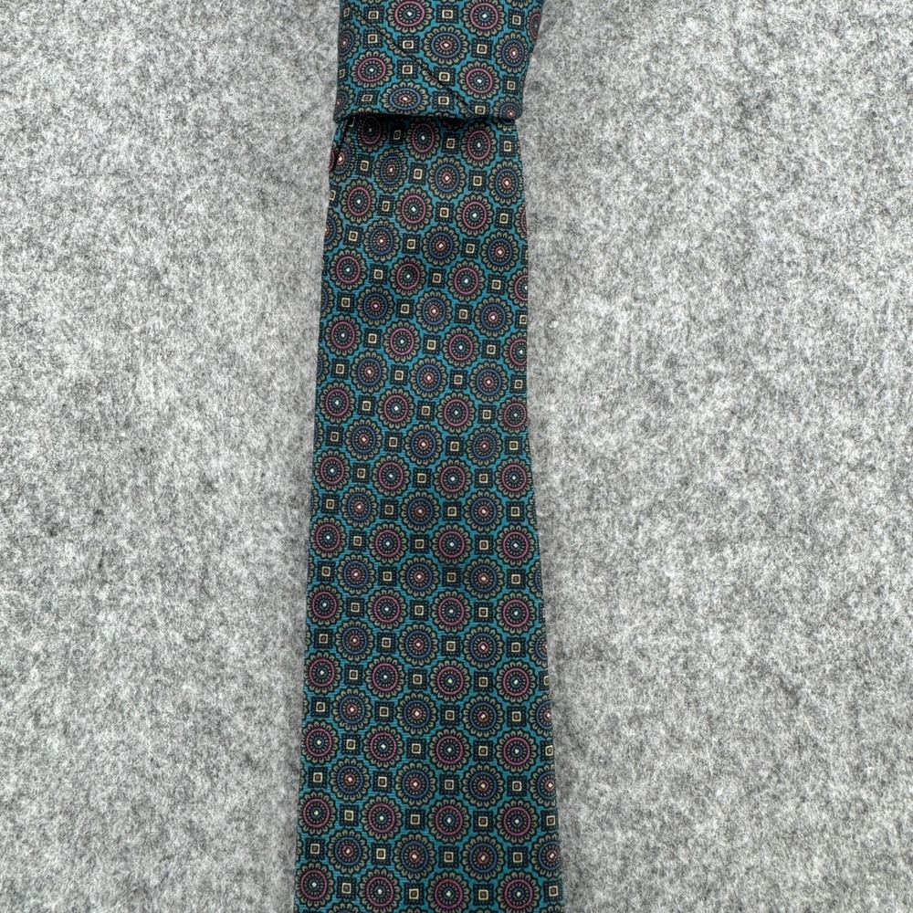 VTG The Man's Shop Necktie Mens OS Medallion Teal Burgundy Silk Hand Made EUC